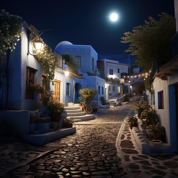 Foto una calle con una luna llena en el cielo