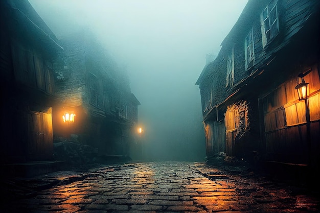 Calle medieval oscura y aterradora con linternas, niebla, oscuridad, arte digital.