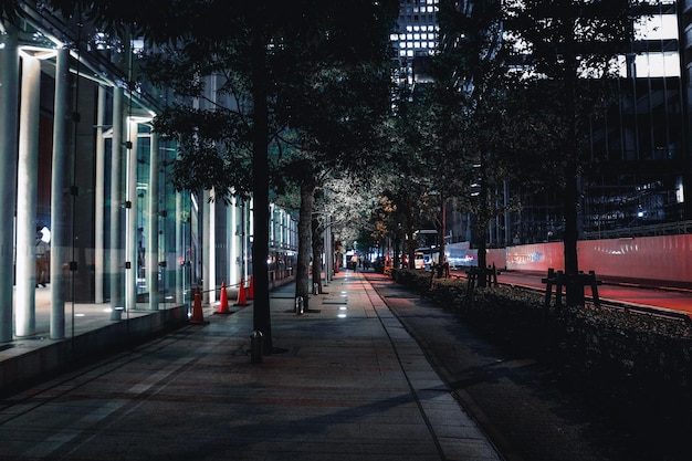 Foto calle en medio de edificios en la ciudad por la noche