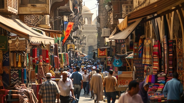 Foto la calle del mercado está llena de gente caminando y haciendo compras. los puestos y tiendas de colores se alinean en la calle.