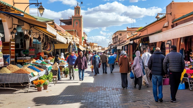 Foto una calle de mercado vibrante y bulliciosa en marrakech, marruecos