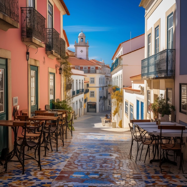 una calle con mesas y sillas y mesas y un letrero que dice "el nombre del lugar"