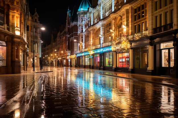 una calle mojada por la noche