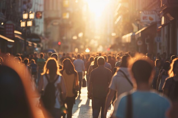 Una calle muy concurrida con gente al atardecer