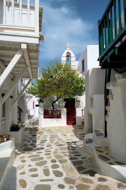 Calle de mykonos griega en la isla de mykonos grecia