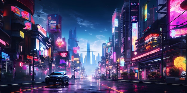 La calle neo noir de la ciudad futurista iluminada con letreros de neón