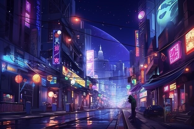 La calle NeonLit en la ciudad futurista xA