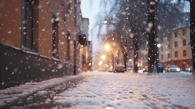 una calle nevada con algunos arbustos y un poste de luz