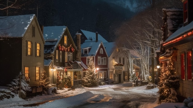 Una calle nevada con un árbol de navidad iluminado y una casa con un letrero que dice navidad.