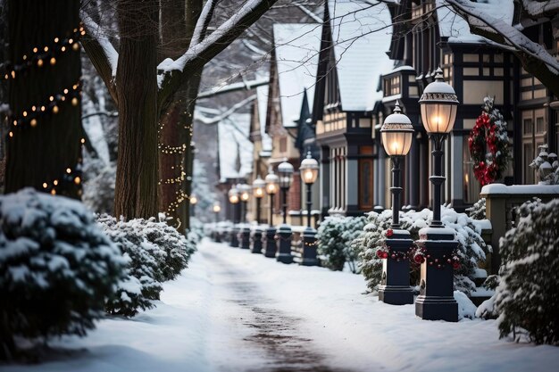 Foto la calle nevada de la ciudad decorada con guirnaldas y linternas luminosas para navidad