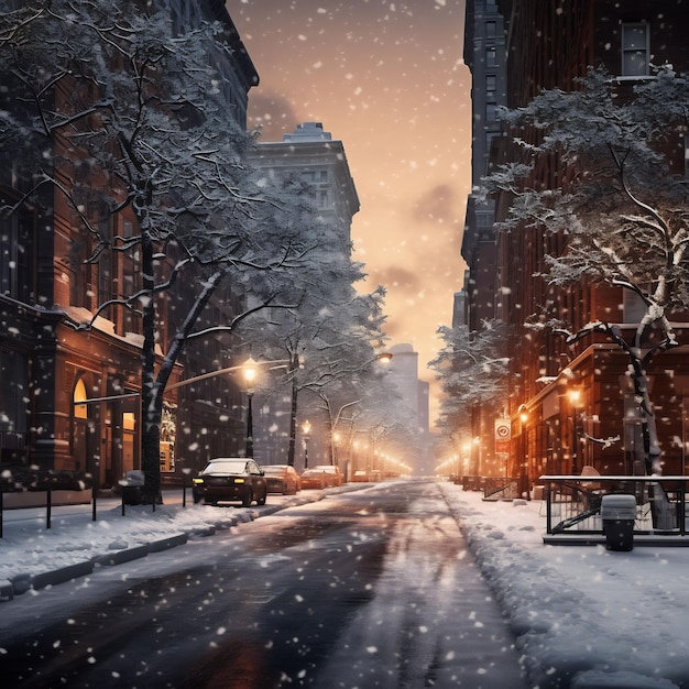 una calle nevada en la ciudad de nueva york con un estilo de iluminación atmosférica gris y ámbar