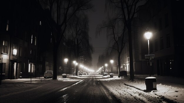 una calle nevada con una farola y una farola.