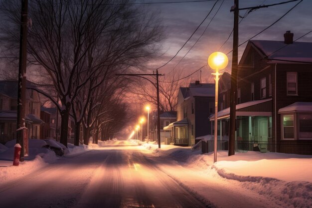 Calle nevada con una farola solitaria creada con IA generativa