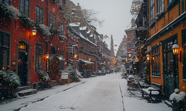 una calle nevada con una fila de edificios con un letrero que dice nieve