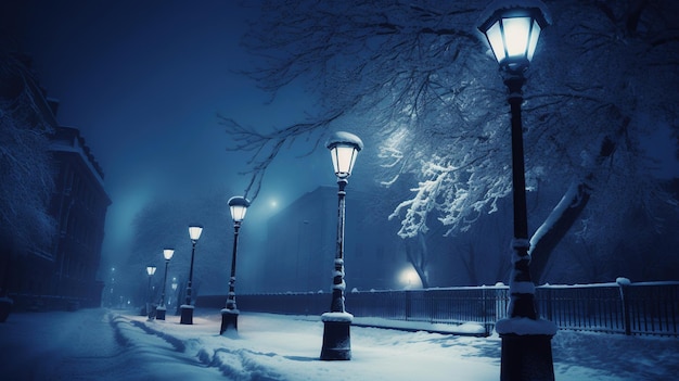 Una calle nevada con luces encendidas