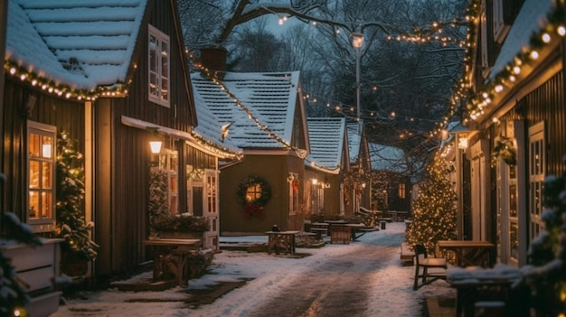 Una calle nevada con luces navideñas en el frente.