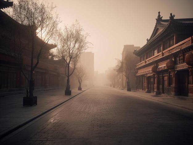 Una calle en la niebla con un edificio en el fondo