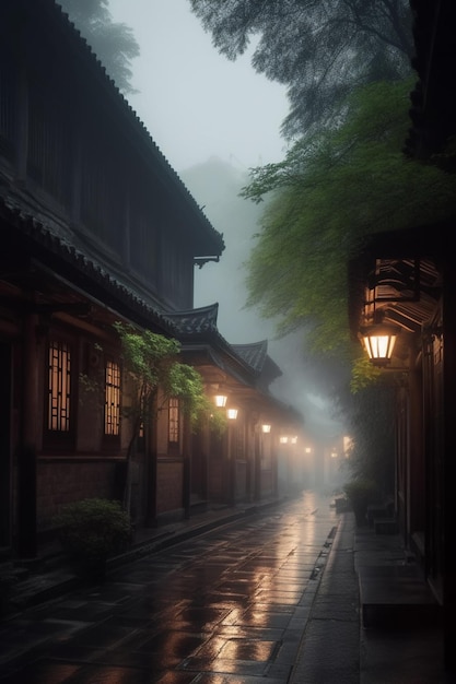 Una calle en la niebla con una farola y un edificio con una linterna.