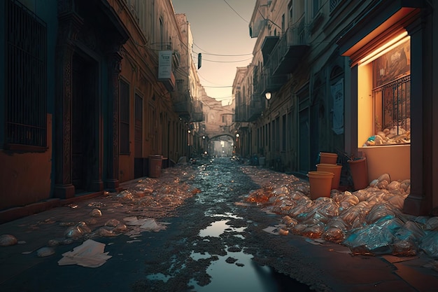 Calle por la noche llena de basura líquida y sólida basura desbordante