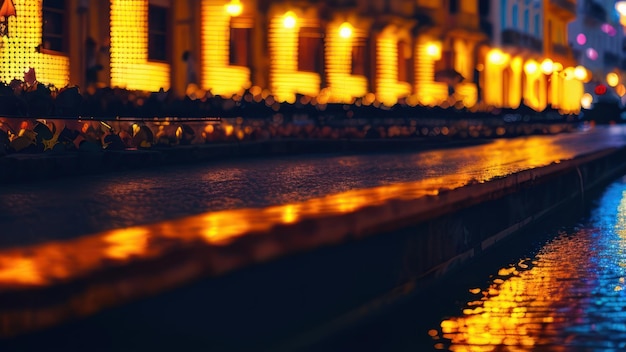 Una calle de noche con luces encendidas