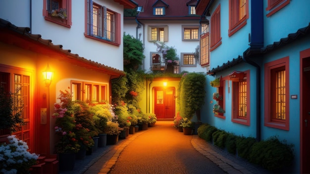 Una calle por la noche con una puerta roja y una luz en la pared.