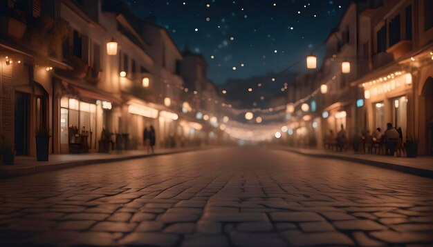 La calle nocturna de la aldea con ladrillo