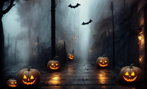 Calle nocturna con calabazas de Halloween