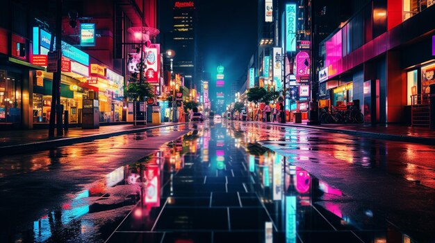 Calle ocupada de la ciudad por la noche con luces de neón y rascacielos