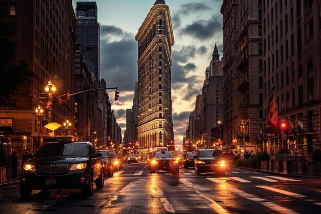 una calle ocupada con coches y un edificio con un letrero que dice Nueva York