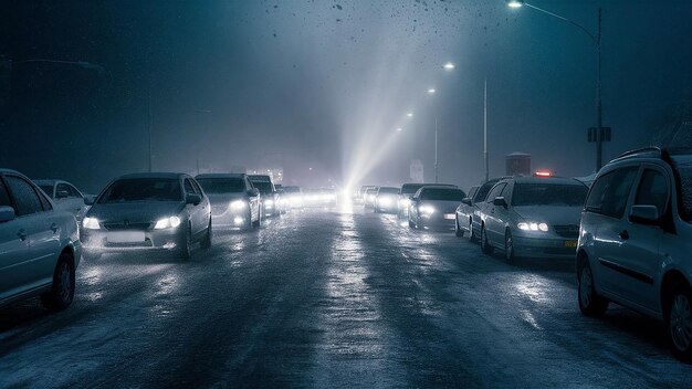 Foto una calle ocupada con coches y una luz en ella ai generado