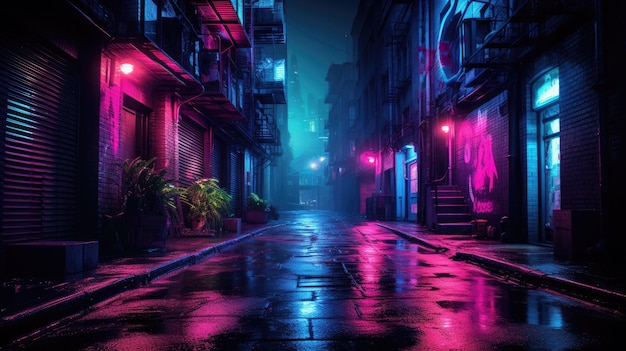 Calle oscura en la ciudad cyberpunk callejón sombrío con iluminación de neón