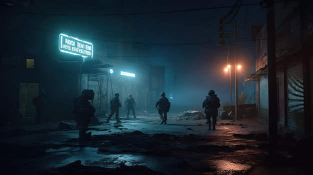 Una calle oscura de la ciudad con un letrero de neón que dice "noche en la ciudad"