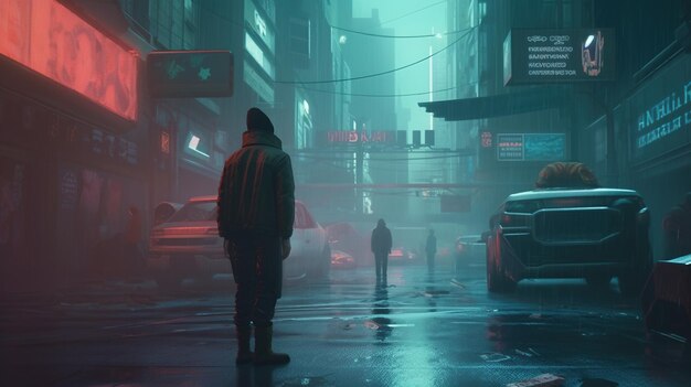 Una calle oscura de la ciudad con un letrero que dice 'cyberpunk'