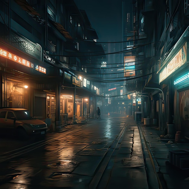 Una calle oscura en la ciudad por la noche.