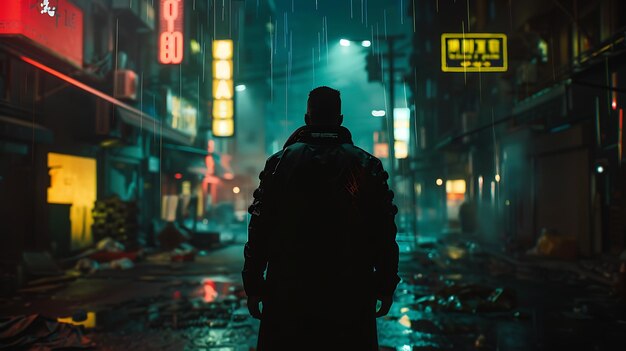 Una calle oscura y lluviosa en una ciudad cyberpunk La calle está iluminada por las luces de neón de los edificios y la lluvia está reflejando la luz