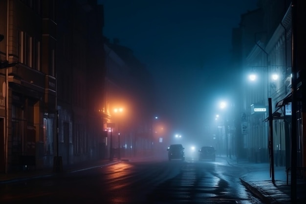 Una calle oscura con una luz de calle y un auto en ella