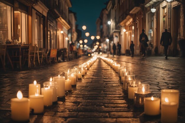 Foto calle oscura con muchas velas dia de las velitas