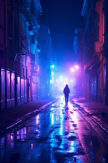 Una calle oscura con una persona caminando en la oscuridad.