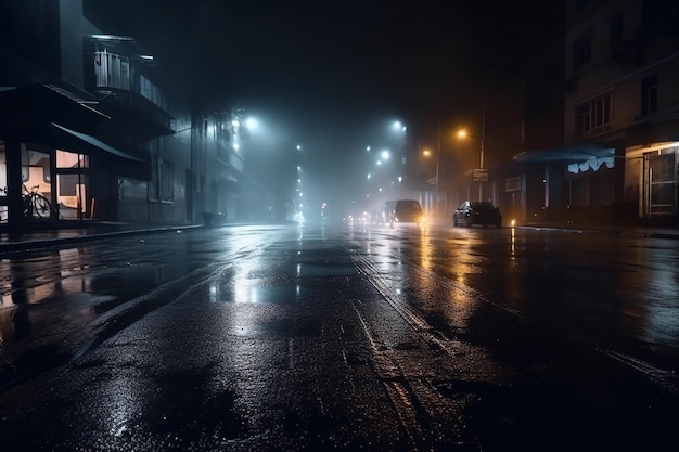 Una calle oscura con un semáforo y un coche circulando por ella.