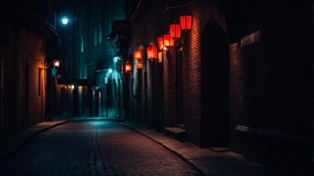 Foto la calle oscura, la vieja pared de ladrillo decorada con linternas nocturnas, la escena de la calle vacía, la luz de neón.