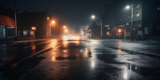 Una calle en la oscuridad con un auto conduciendo a lo lejos.