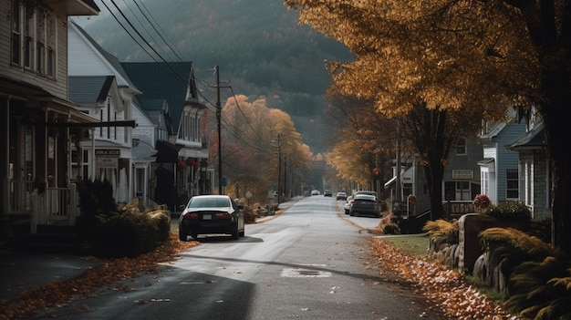 Una calle en otoño con un coche aparcado a un lado