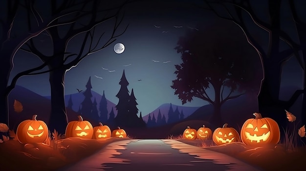 Calle de otoño en la noche con brillantes calabazas de hallooween