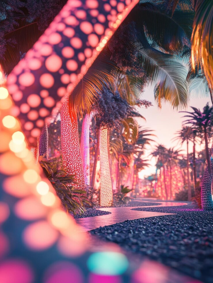 Calle con palmeras y luces