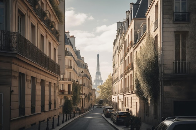 Una calle de paris con la torre eiffel al fondo