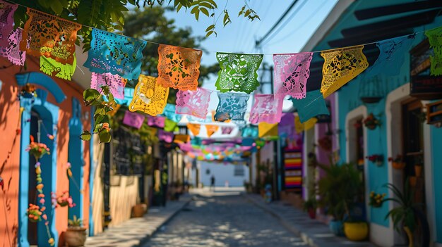 Una calle de un pequeño pueblo en México está decorada con coloridas banderas de papel. Las banderas están colgadas de cuerdas que se extienden a través de la calle.