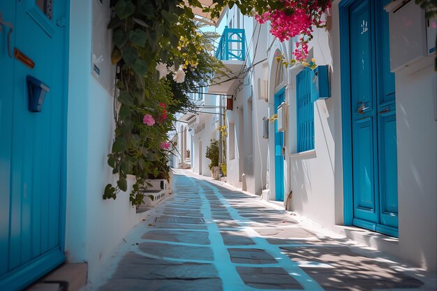 La calle pintada de azulejos azules con pocos