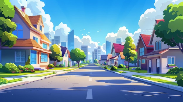La calle del pueblo de una ciudad suburbana está representada contra el telón de fondo de una gran ciudad Ilustración moderna de dibujos animados de un callejón rural con casas acogedoras a lo largo de él bajo cielos azules céspedes verdes arbustos
