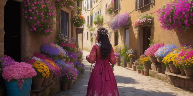 Una calle del pueblo con flores coloridas