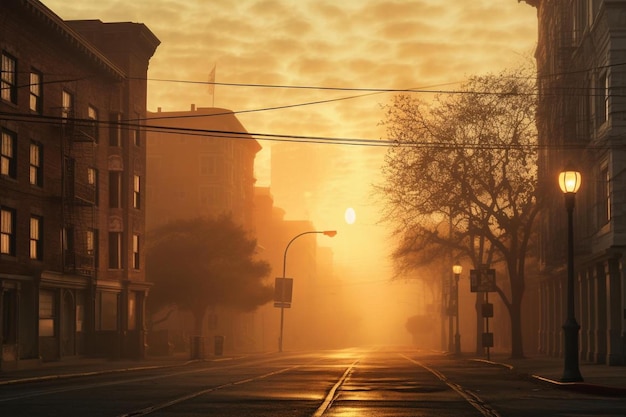 una calle con una puesta de sol amarilla al fondo